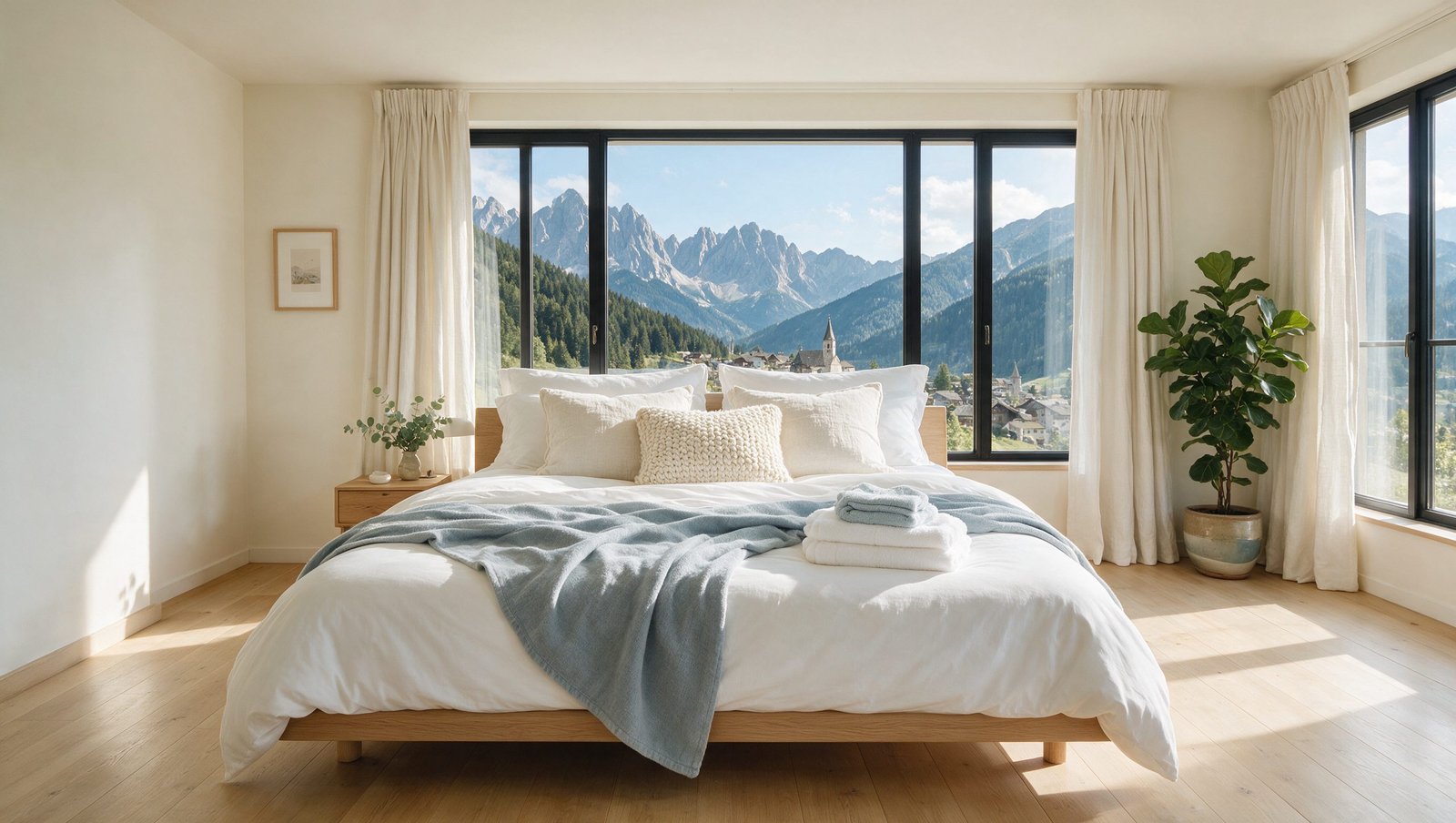 Chambre préparée avant une arrivée, lit fait et serviettes pliées